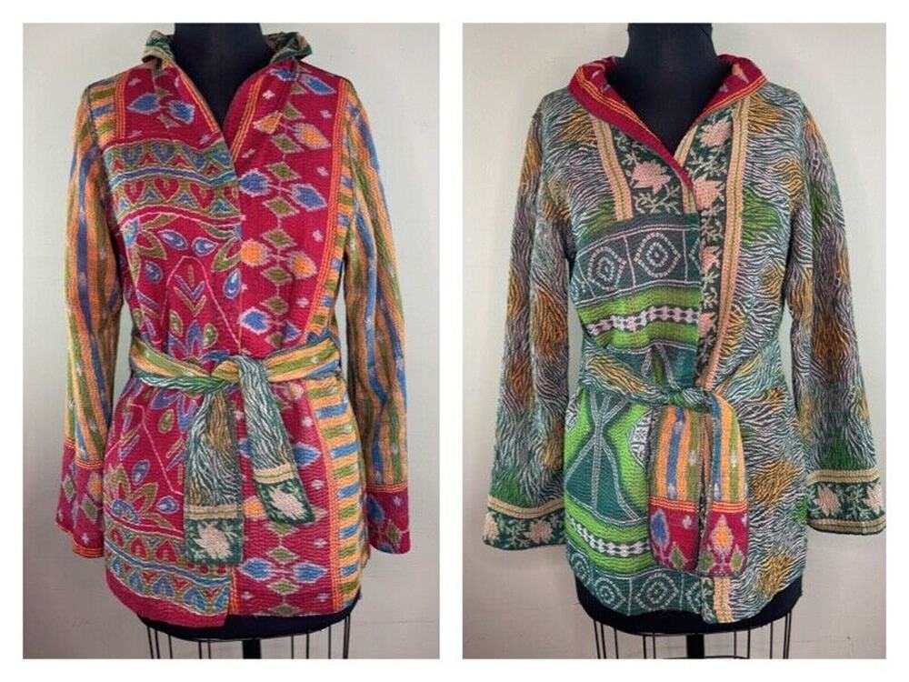Mieko Mintz Vintage Cotton Multi Color Reversible Tie Jacket Art Wear S M L RARE
